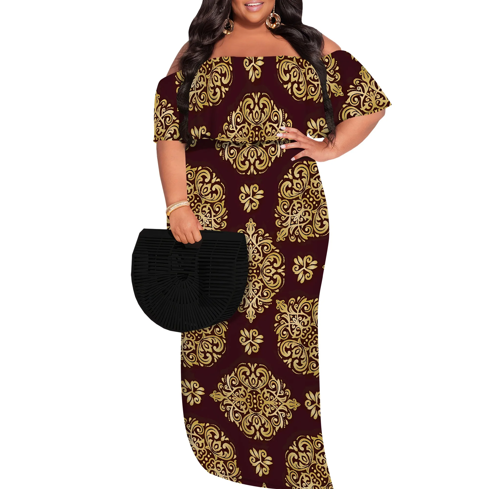 Plus Size Elegant Off Shoulder Dress for Women African Inspired Pattern Long Evening Gown