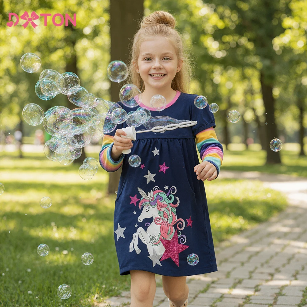 DXTON Autumn Spring Girls Dresses Rainbow Long Sleeve Kids Casual Dress Unicorn Star Print Cartoon Children Dress Cloting 3-12Yr