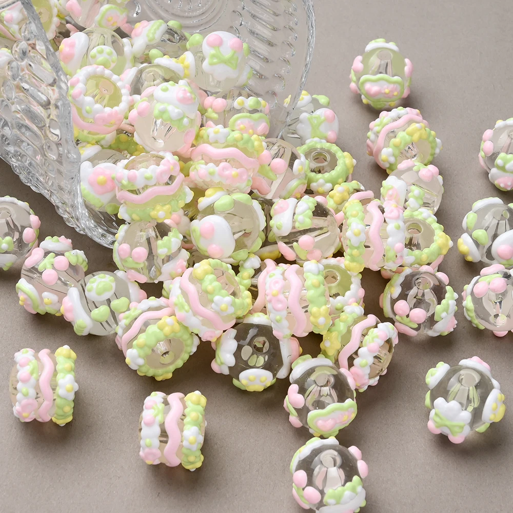 10Pcs 15mm Resin Clear Beads Cream-colored Hand-drawn Round Loose Beads for DIY Pacifier Chain Dummy Holder Accessories