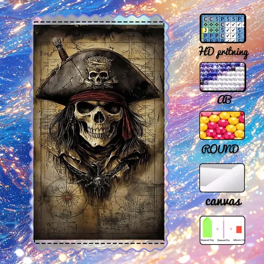 

1 piece - 5D-DIY - Flocking cloth - Special drill - Diamond painting set - Skull pirate - Mosaic - Diamond art