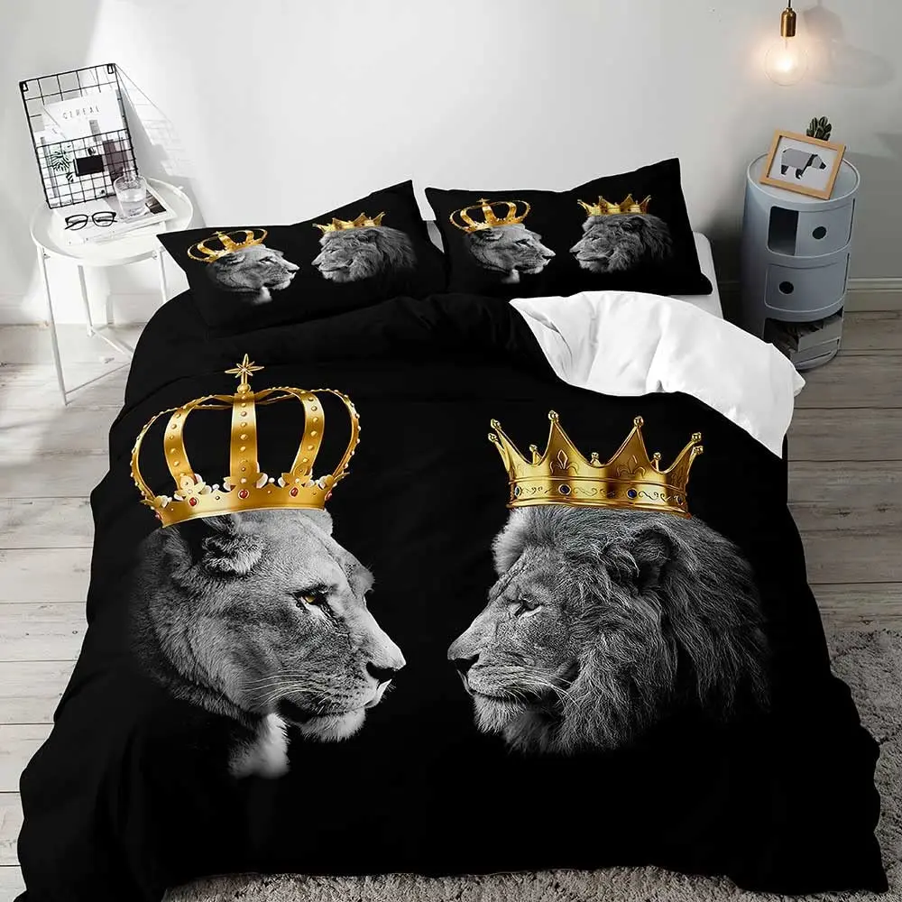 

3PCS Lion King & Queen Bedding Set, African Safari Animal Black Bedding, Comforter Cover, Bedroom Decor for Couples Full Size