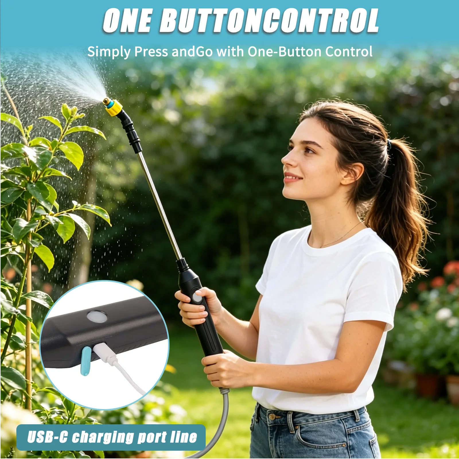 1500 mAh elektrisches Gartensprüher, tragbares USB‑C Gartengerät mit 3 Sprühdüsen, 3M Schlauch für Pflanzenbewässerung Autowäsche – Detail 5