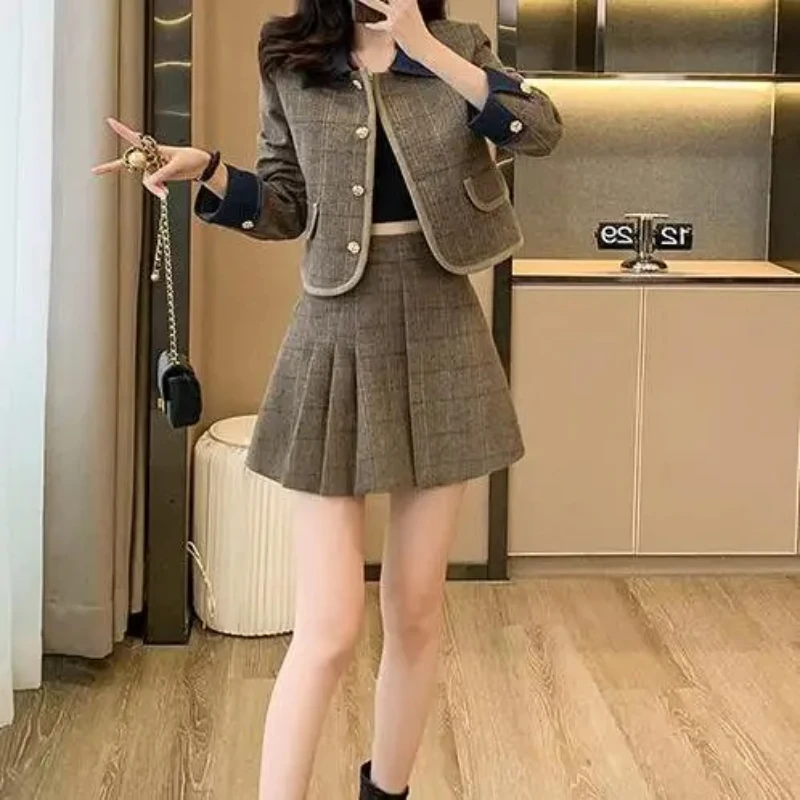 UNXX Winter Cotton British Style Woolen Coat Pleated Skirt Sets Retro Denim Patchwork Woolen Jackets Skirt Two-piece Set Women's