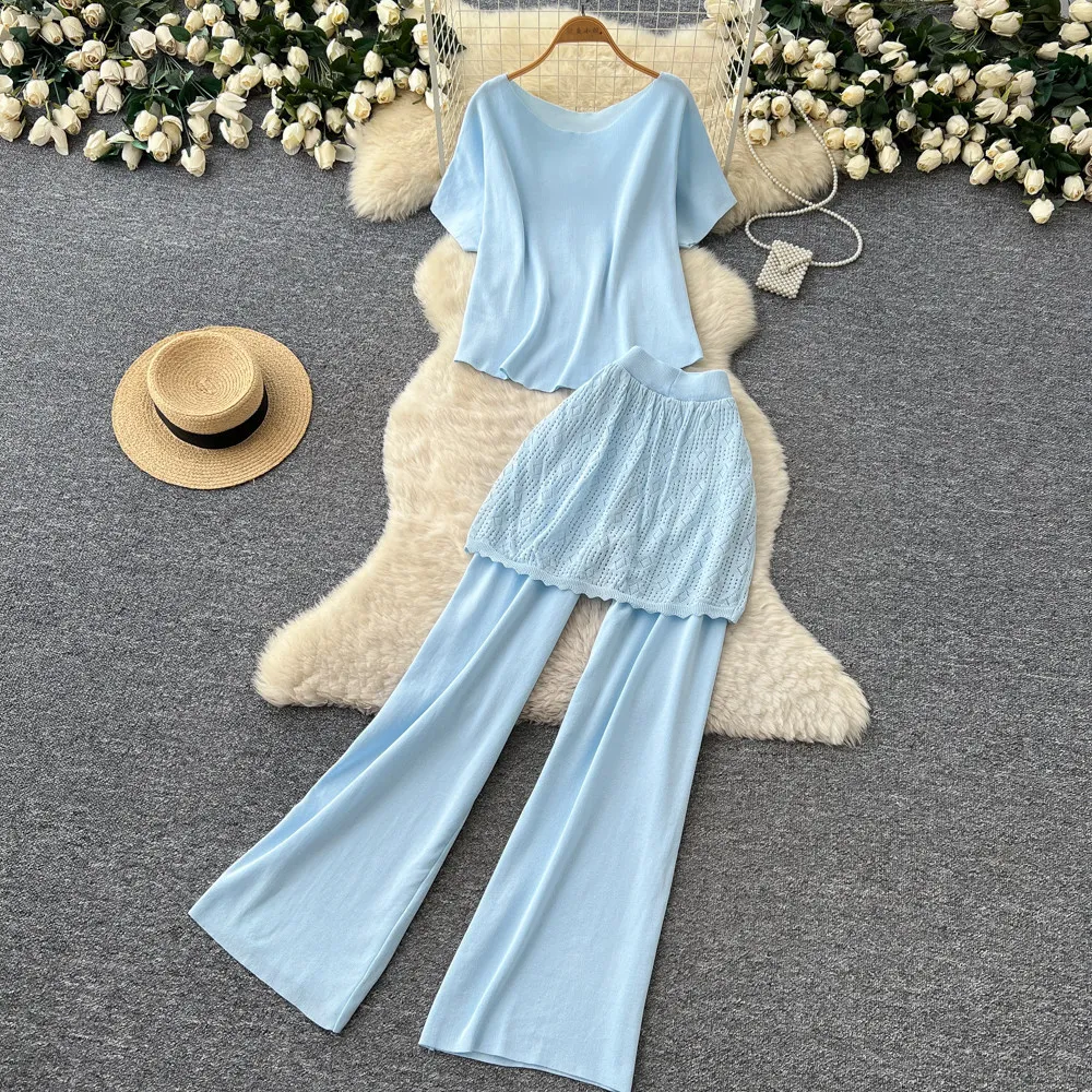 

Women Pant Set Two Piece Sets Round Neck Short Sleeve Casual Loose Top Wide Leg Long Pants Elastic Waist Y2k Streetwear Elegant