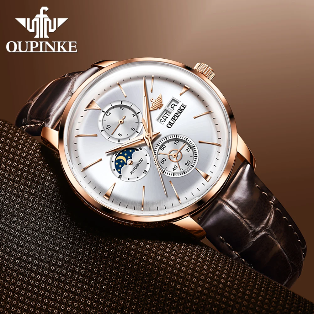 

OUPINKE 3309 Mens Watch Leather Strap Original Multifunctional Mechanical Watch﻿ Waterproof Moon Phase Watches For Man Gifts