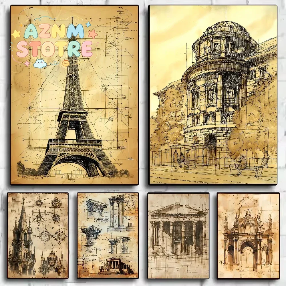 Vintage Architecture Drawings Poster HD art canvas painting home living room bedroom bar aesthetic decoration