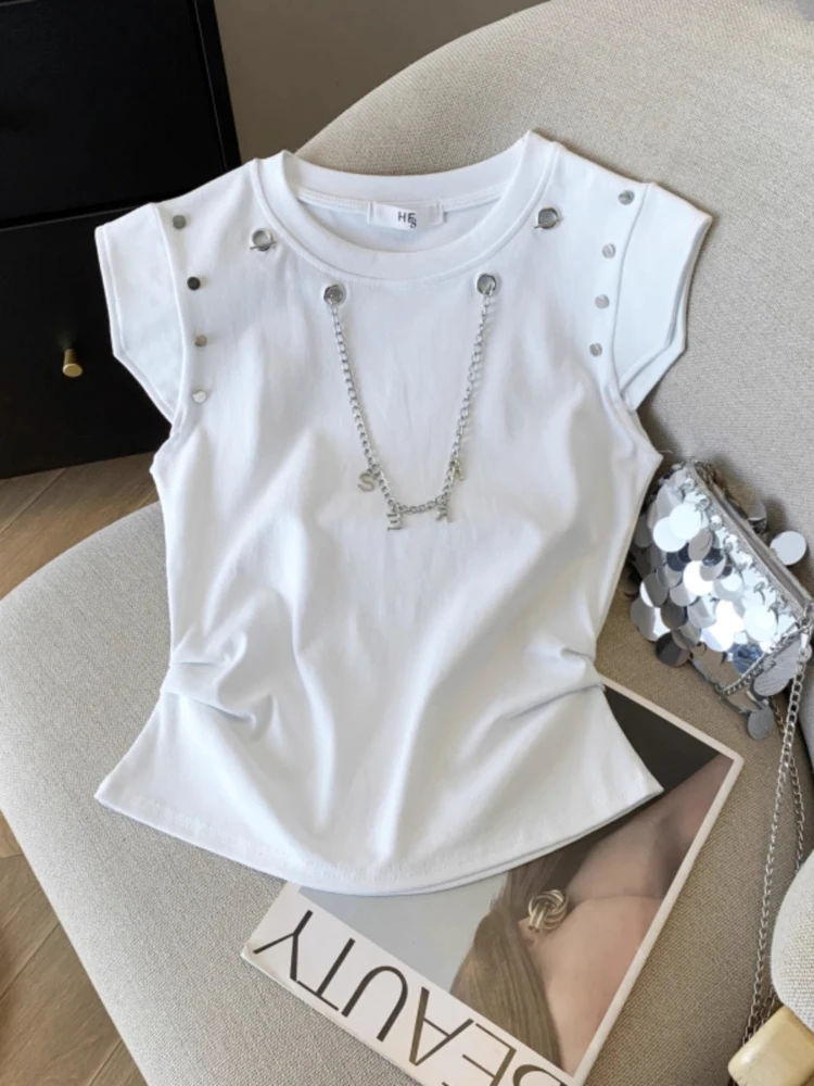 Fashion Y2k Sleeveless T-Shirt Female Summer New Rivet Chain Splicing Solid Color Tops Shoulder Pad Short Sleeve Top Tees Women