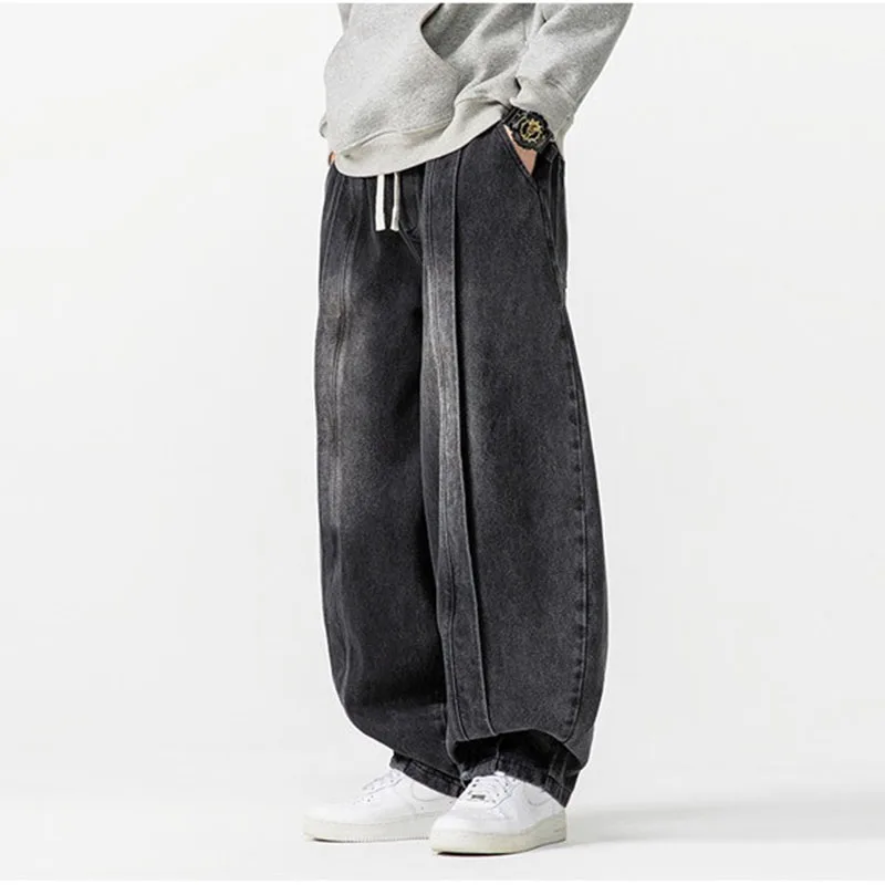 Japanese Retro Men's Harlan Jeans Autumn Casual Fashion Loose 5XL Wash Male Splicing Design Oversized Wide Leg Denim Pants