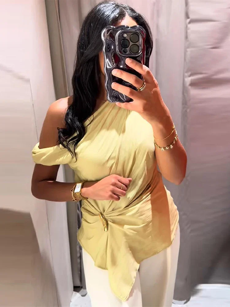 

Fashion Irregular Diagonal Collar Shirt For Women Elegant Pleated Sleeveless Solid Vest Top Female Vacation Beach Party Pullover