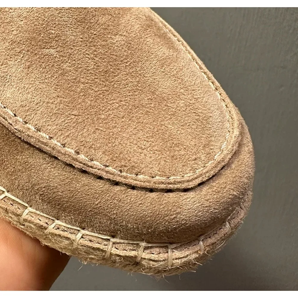 Men's Khaki Suede Slip‑on Loafers, Woven Rope Espadrille Sole, Soft Upper, Daily Casual Walking Shoes