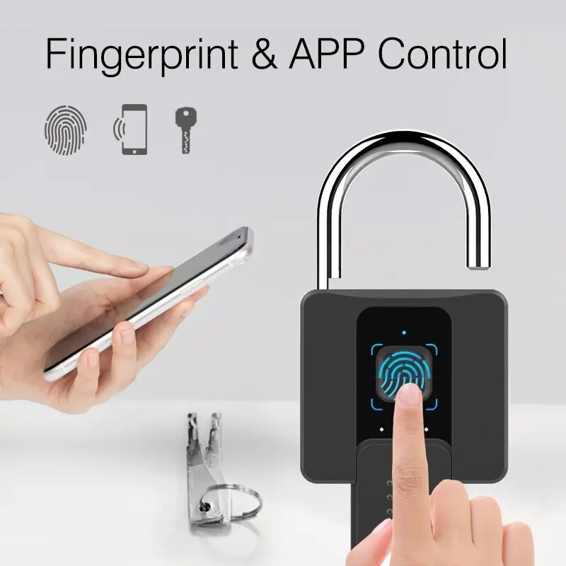 Fingerprint Cadeado com Chave, Biométrico Bluetooth, APP Controlado, Fechadura Combinada Eletrônica Inteligente para Exterior, Cerca, Mala