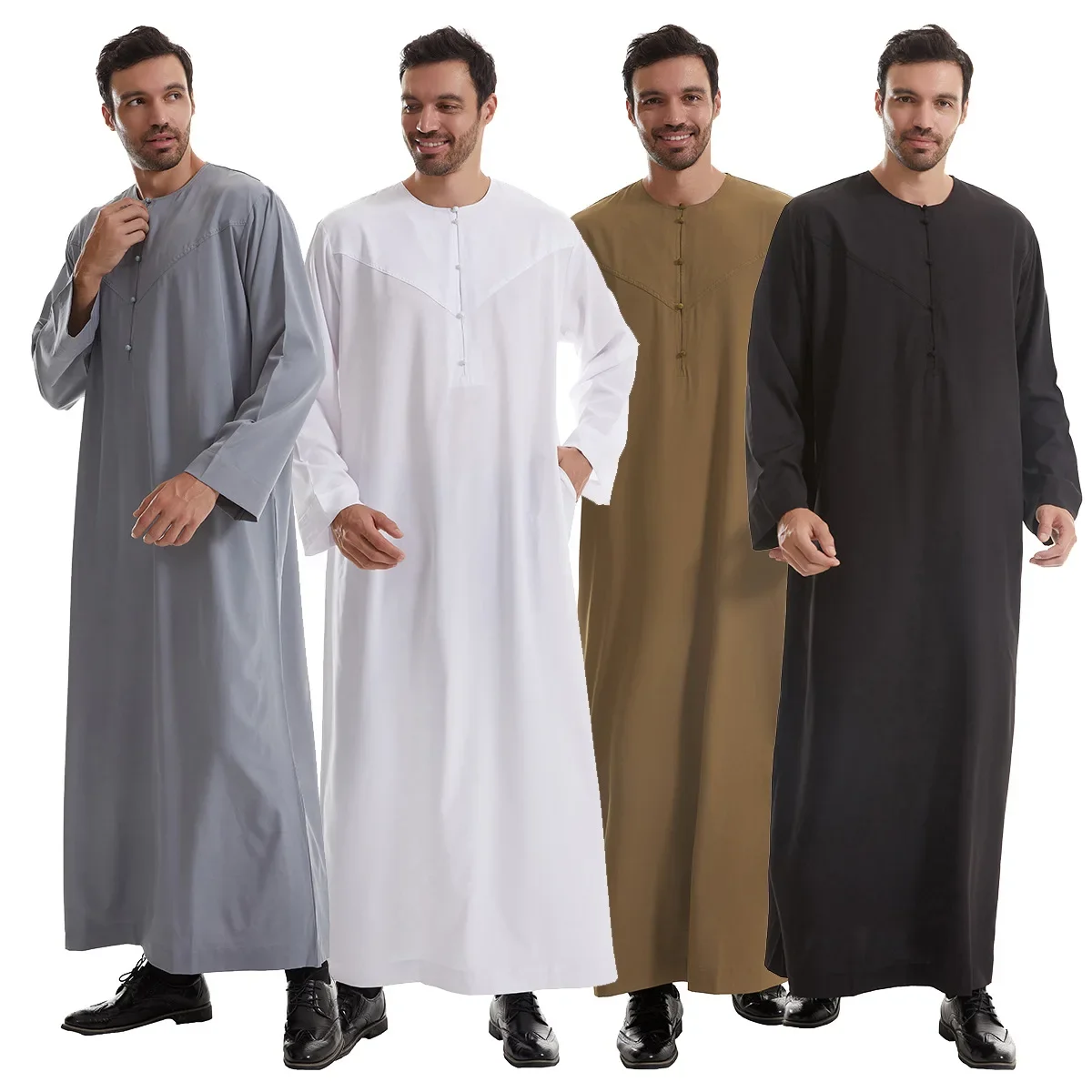 Uomini musulmani Jubba Thobe Bottone tinta unita Kimono Abito centrale Camicia musulmana saudita Abbigliamento islamico Caftano arabo Uomo Abaya Nuovo