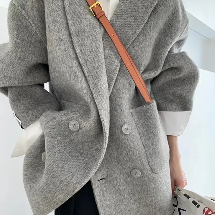 

Women's Solid Wool Suit Coat Loose Warm Casual Double Breasted Vintage Jacket With Pockets Office Street Style Clothes Outwear