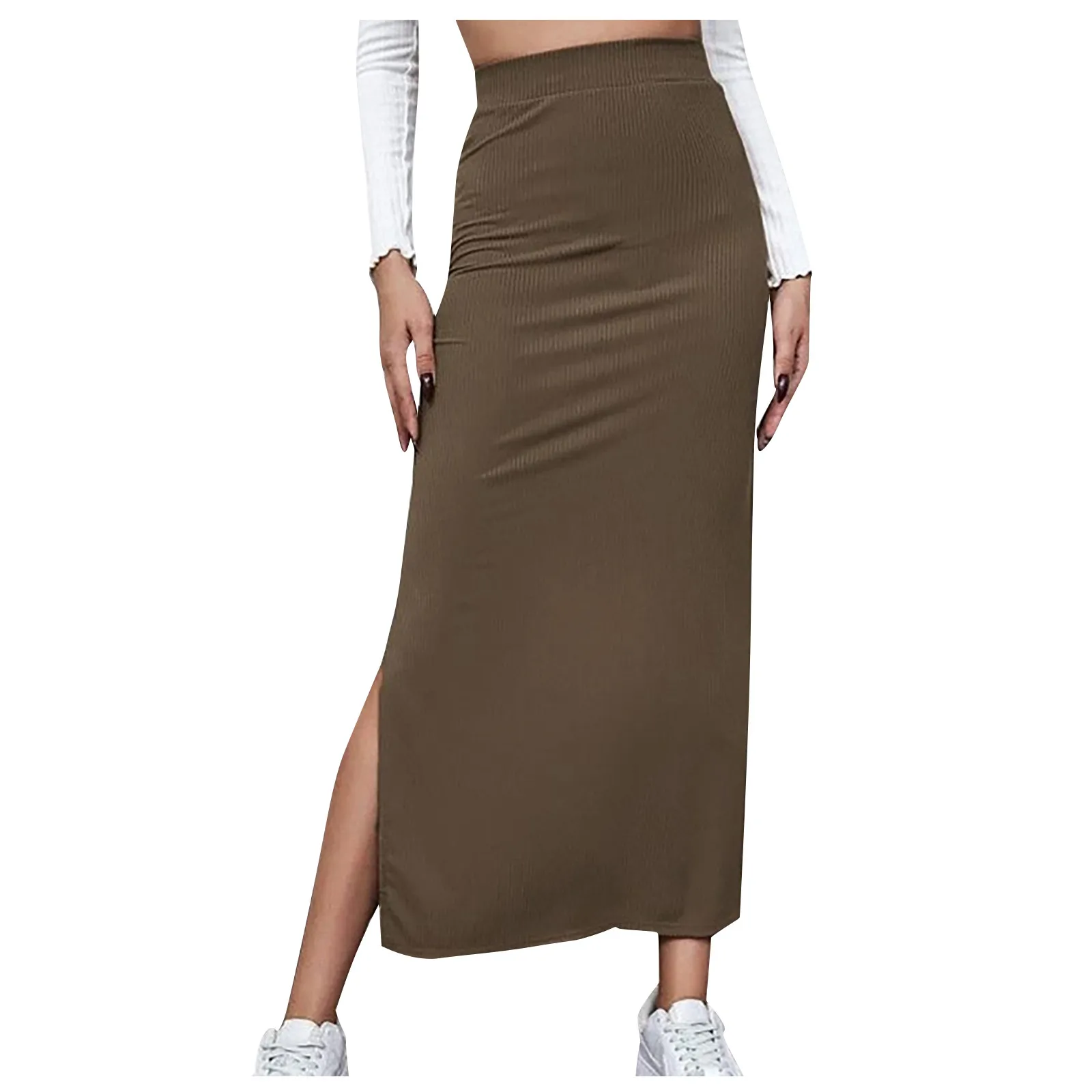 

Female Solid Color Slim Fitting Midi Skirts With Slit Office High Waist Satin Skirts Fashion Sexy Straight Elastic Waist Dress