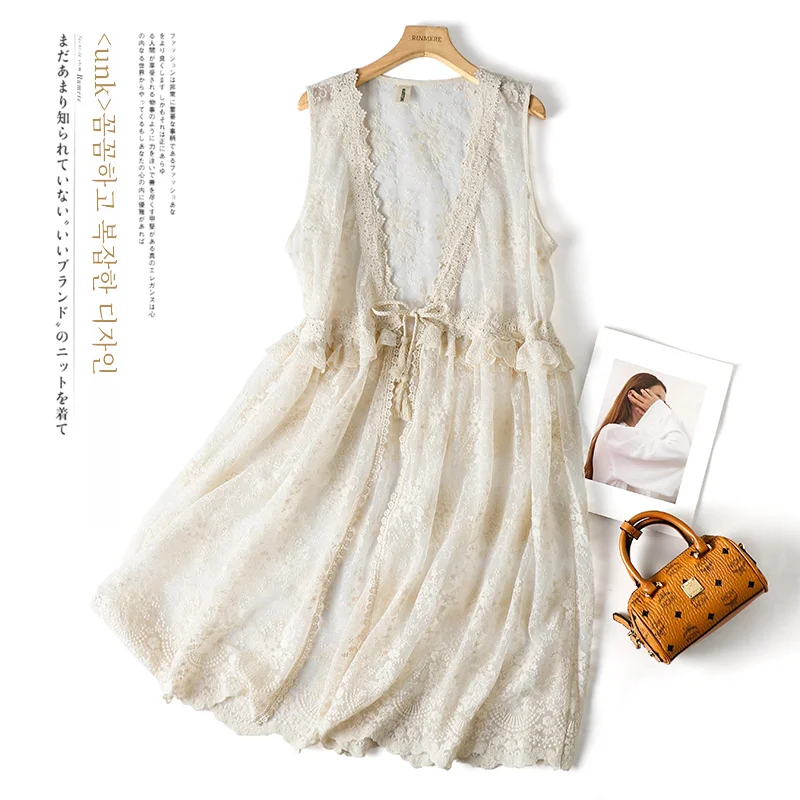 Linmei 2024 Spring New Japan fashion Mori Girl Lace Embroidery Stacked Vest Dress Lace-up Waist Hugging Outdoor Dress