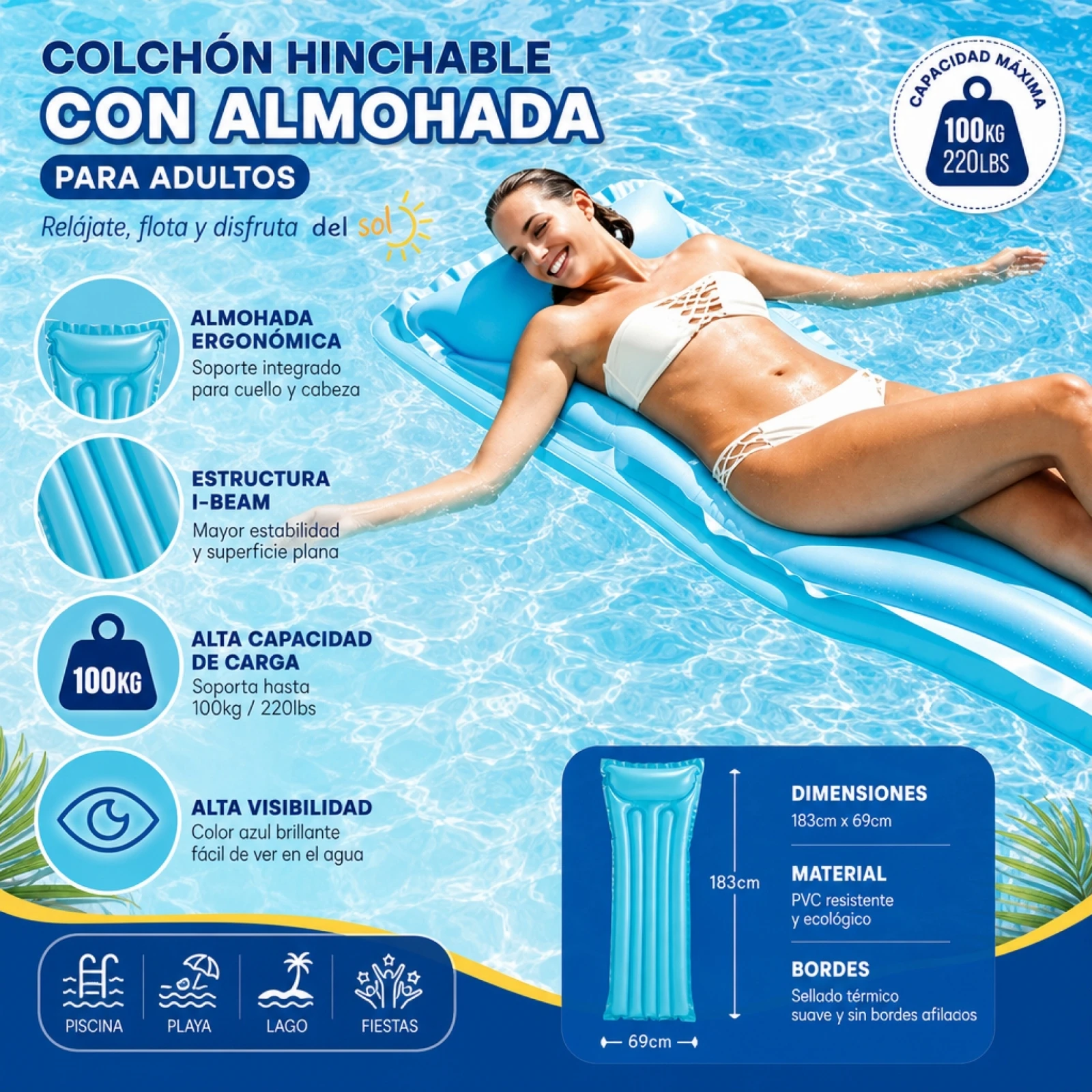Tapis flottant gonflable pour adultes 183x69cm, oreiller intégré, structure I-Beam, PVC durable, capacité de charge 100kg, couleurs assorties, piscine, plage, lac, gonflage rapide, pliable, été