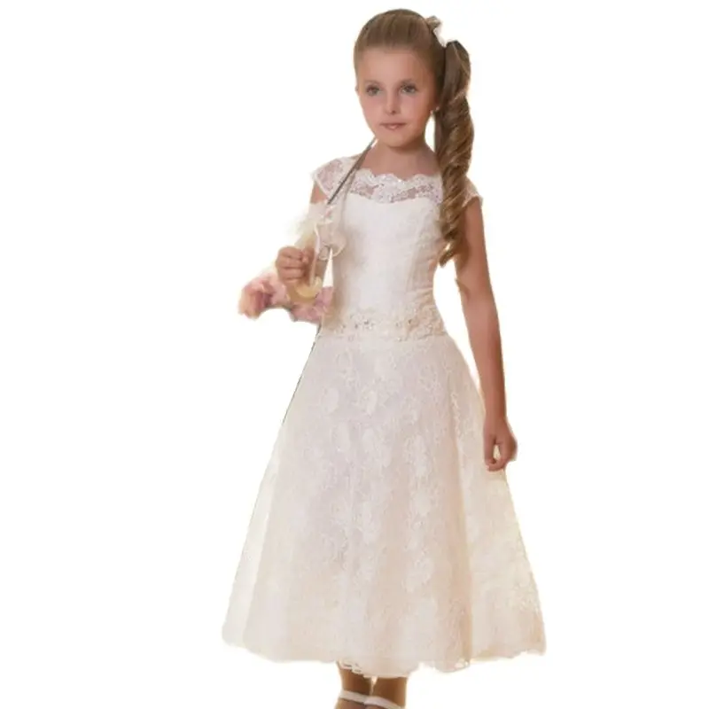 

Calf Length Lace Flower Girl Dress for Wedding Applique Girls Graduation Gown Communion Dress Custom Made