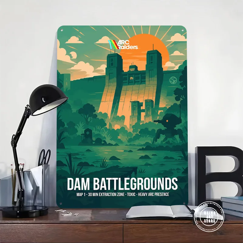 Arc Raiders Dam Battlegrounds Poster Retro 3D Printed Metal Signs Customized Wall Hanging Gift for Office Decor Room Tin Sign