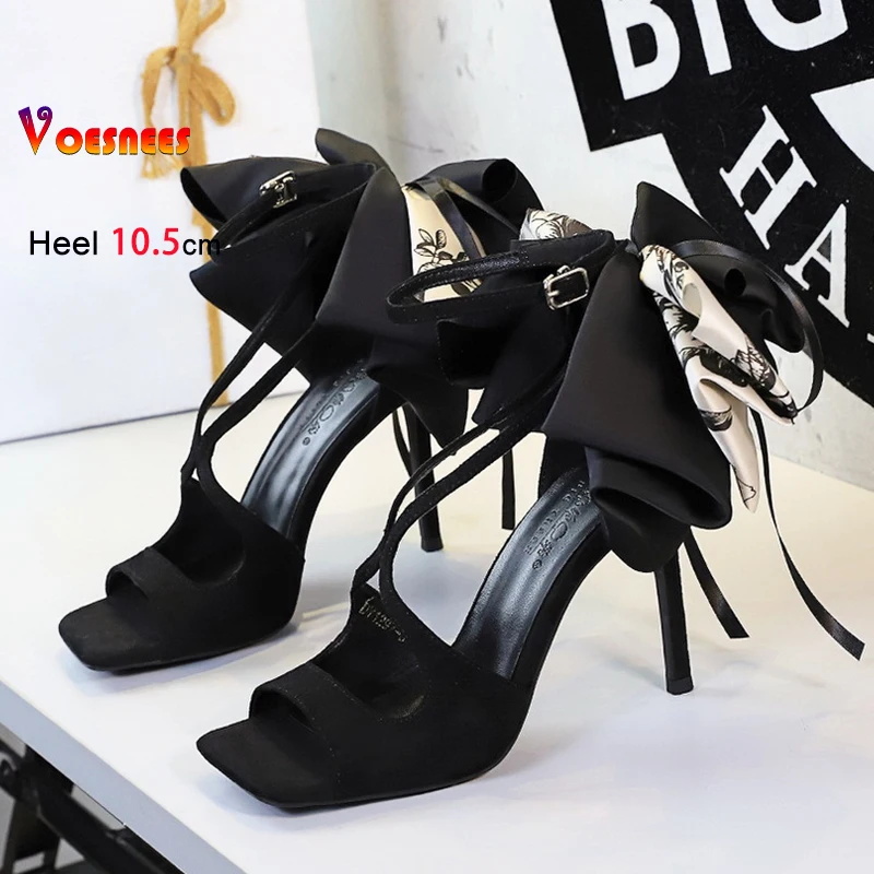 

10.5CM Stiletto With Bow Sandals For Women Party Dress Shoes Black Suede Summer Square Toe Hollow Out Elegant Woman High Heels