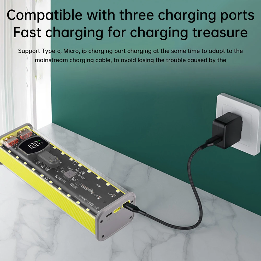 4*21700 Power Bank Case DIY Transparent Shell 22.5W Fast Charging Battery Storage Box USB C + Micro USB Port With Night Light