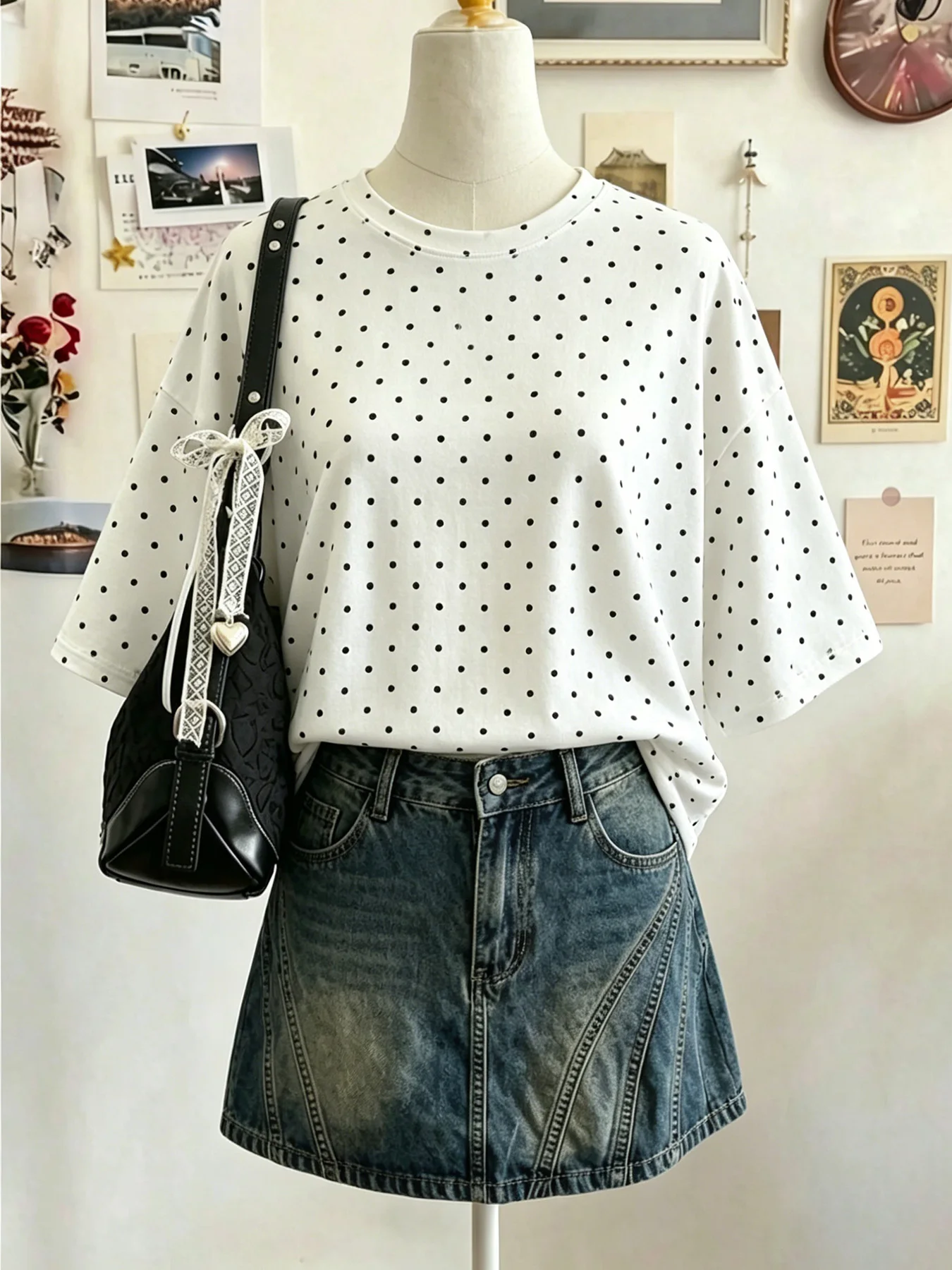 Women's Casual Loose Fit Medium-Length Round Neck Short Sleeve, Polka Dot Print, Comfortable and Versatile, Multiple Colors Avai