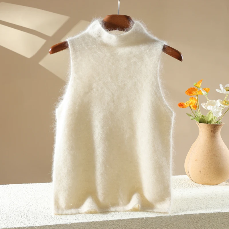 Stand Collar Knitted Cashmere Vest For Women Autumn Winter Fluffy Wool Casual Sleeveless Top Multifunctional, Soft, Warm Casual