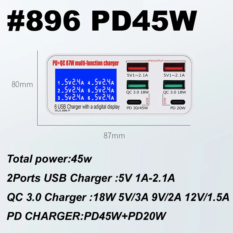 Digital LCD 5V/3A 9V/2A 12V/1.5A 6 Ports USB Fast Charger Charging 45W QC 3.0 PD 45W PD20W Desktop Stand for Smart Phones Tablet