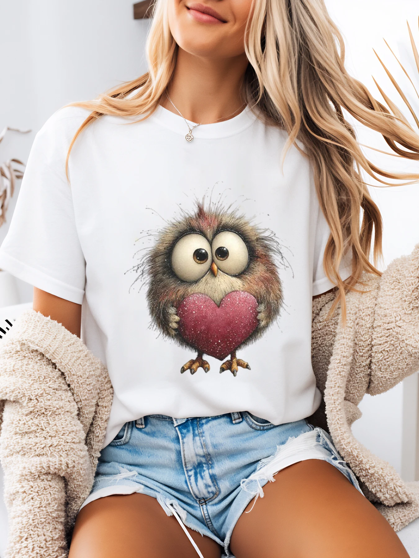 Koszulka damska z nadrukiem sowy z sercem na Walentynki, biała, plus size, na co dzień