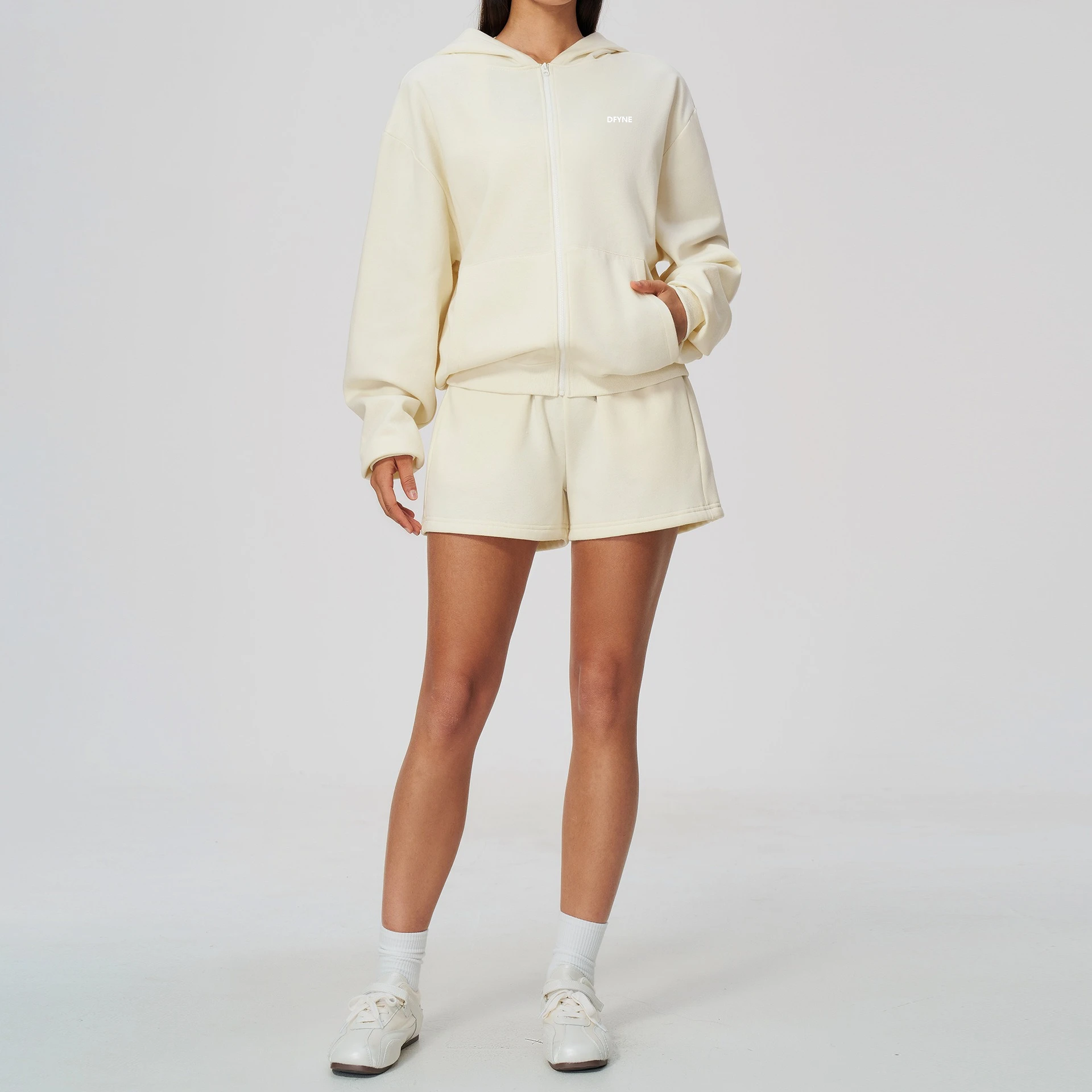 DFYNE Women 2 Piece Hoodie Set Black Zip Up Sweatshirt Shorts Matching Set Casual Sportswear Lounge Wear Y2K Streetwear Outfit