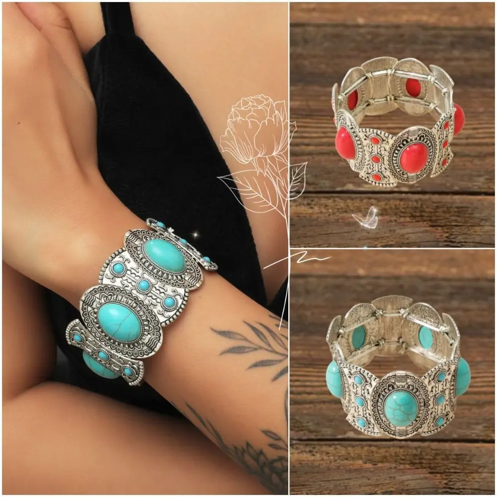 

Tribal Wide Elastic Bangle Western Country Style Ethnic Style Turquoise Bracelet Minority Design Hand Ring Bohemian Bangles