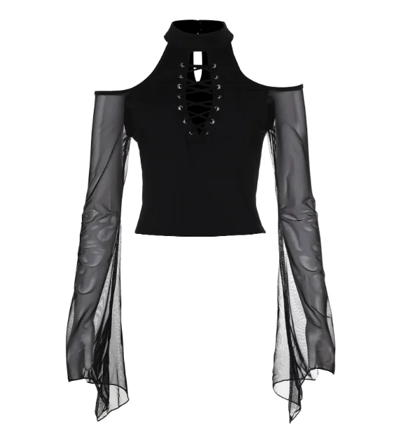 Personalized Dark Gothic Lace-up Hollow Off-the-shoulder T-shirt Fashion Splicing Gauze Long Flare Sleeves Sexy Girl Short Tops