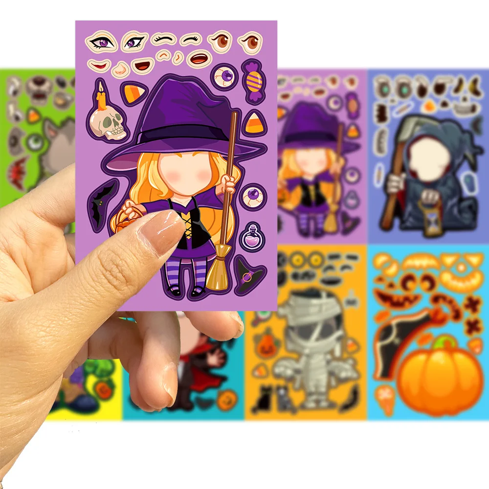 子供のためのハロウィーンパズルステッカートイ、顔を作る、カボチャ、幽霊、アニメ組み立てジグソーパズル、教育ゲーム、子供パーティーの好意、8枚