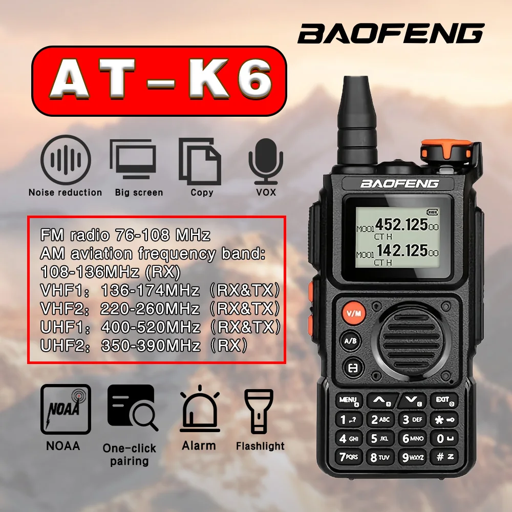 

1PC Baofeng AT-K6 Long Range Walkie Talkie Type-C Fast Charging UHF VHF FM NOAA UV-K6 One-Key Frequency Matching for Outdoor
