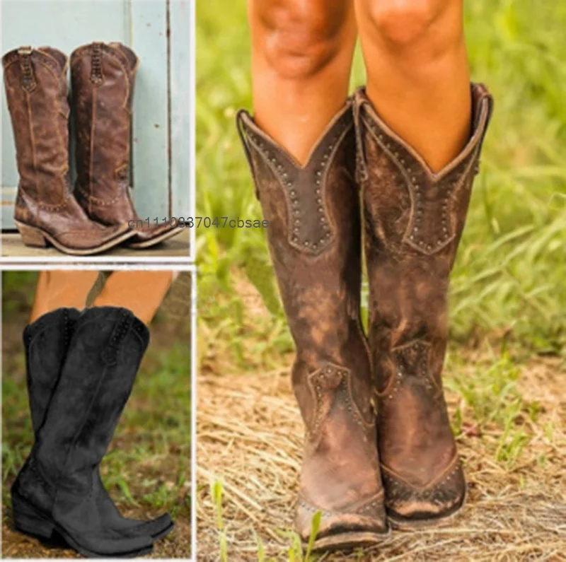 Vintage Distressed Womens Cowboy High Boots Casual Outdoor Ladies Footwear Shoes Western Country Riding Toe Mid Block Heel Boot