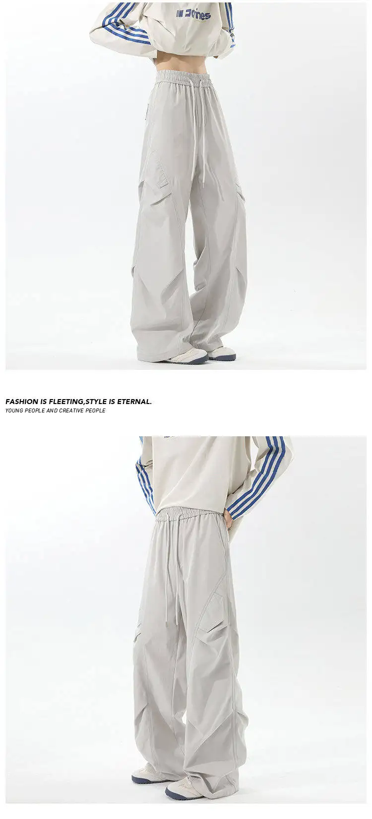 Leichte, plissierte Cargohose für Herren, locker geschnitten, mit weitem Bein, seitlichen Funktionstaschen, ideal für verschiedene Anlässe im Straßen- und Alltagslook. – Detail 10