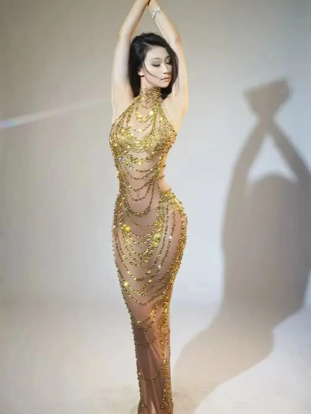 Gold Rhinestones Mesh See Through Long Dress Luxury Women Sexy Silver Evening Prom Birthday Celebrate Gown Stage Wear