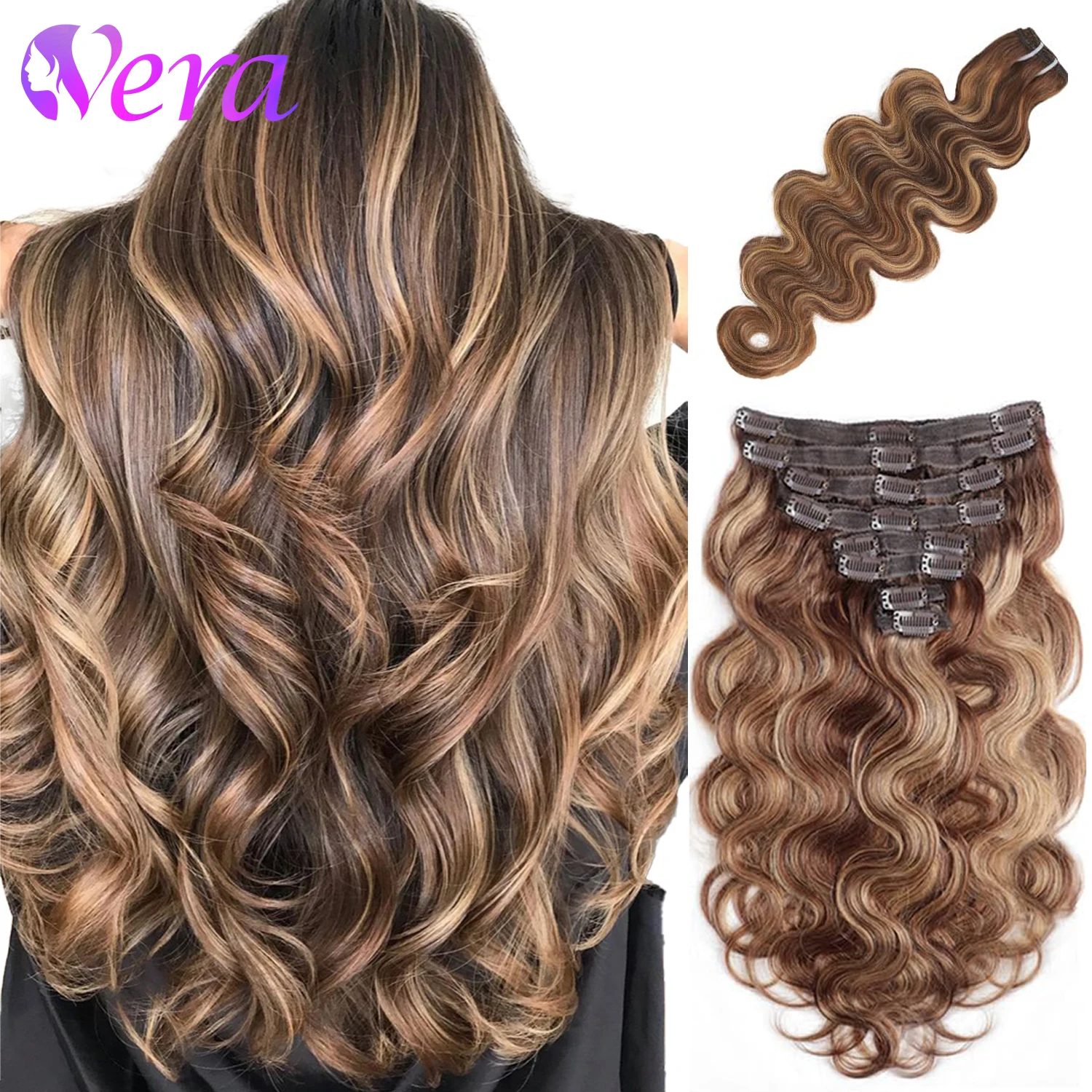 #P4/27 Body Wave Clip In Hair Extensions Real Human Hair Remy Highlight Human Hair Extensions Clip Ins 8Pcs 18 Clips 120G/Pack