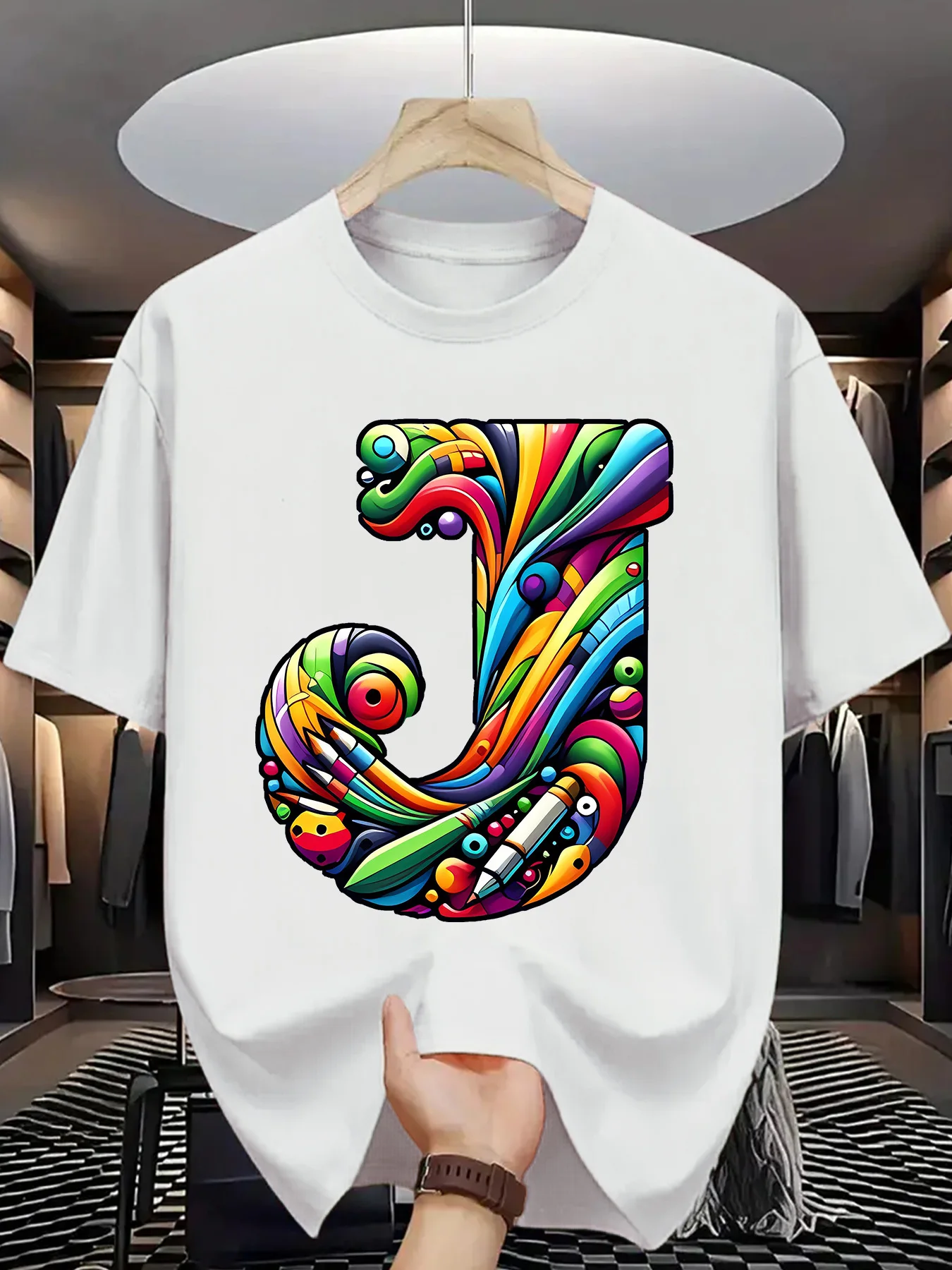 Colorful Graffiti Style Letter J Print Men Women T-shirt Vibrant Alphabet Graphic Cotton Short Sleeve Tee Casual Tops