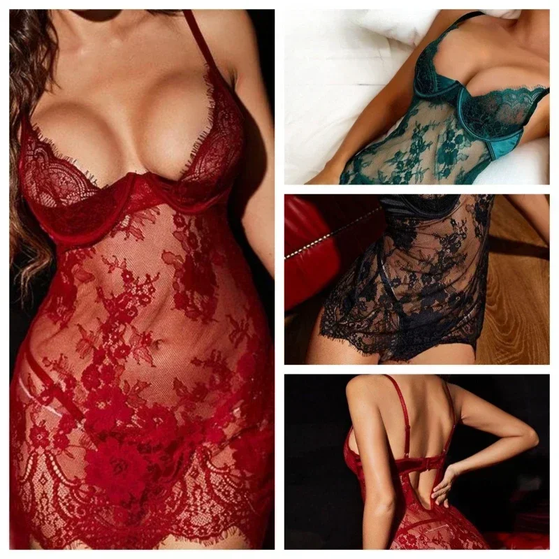 섹시한 속옷 잠옷 여성 나이트 드레스 대형 레이스 섹시한 가방 엉덩이 드레스 짧은 스트랩 레이스 여성 섹시한 잠옷