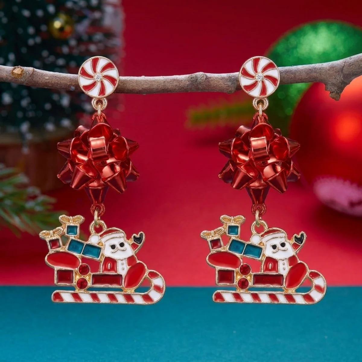 Weihnachtliche Emaille-Ohrringe mit Rentier-Motiv, Schleifen- und Quasten-Design für Damen, Weihnachtsmann-Schlitten, Süßigkeitenhaus, Geschenk-Schmuck – Detail 17