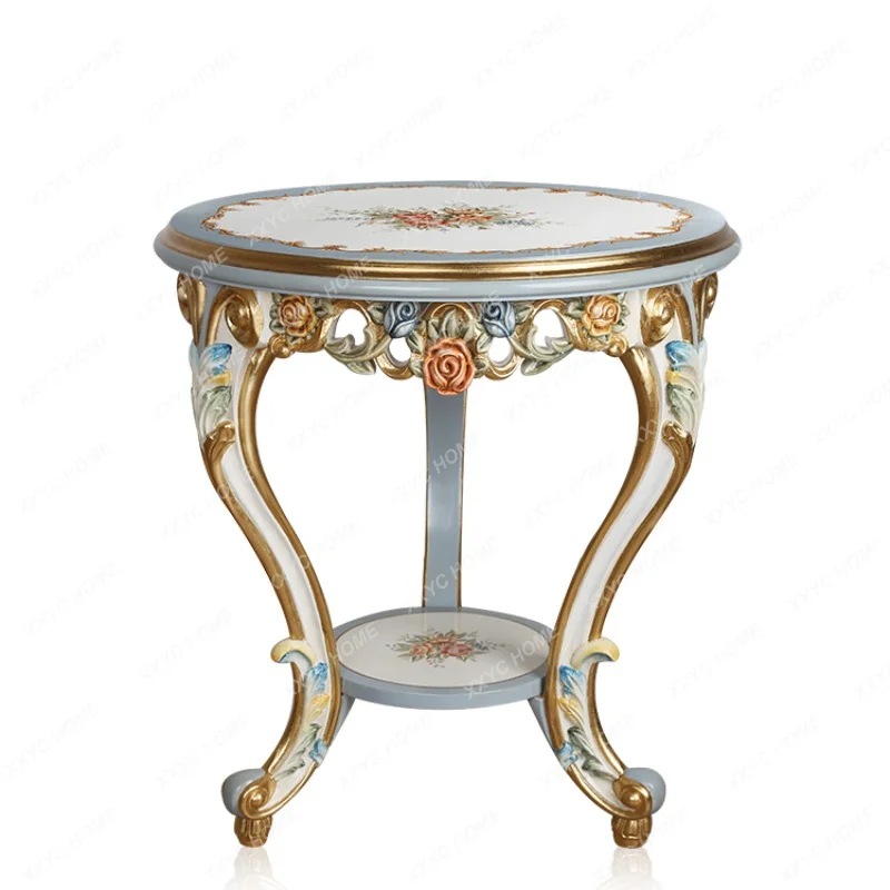 

European Style French Style Solid Wood Luxury Hand-Painted Flower Gilding Blue Mini Corner Table Villa Living Room Side Table