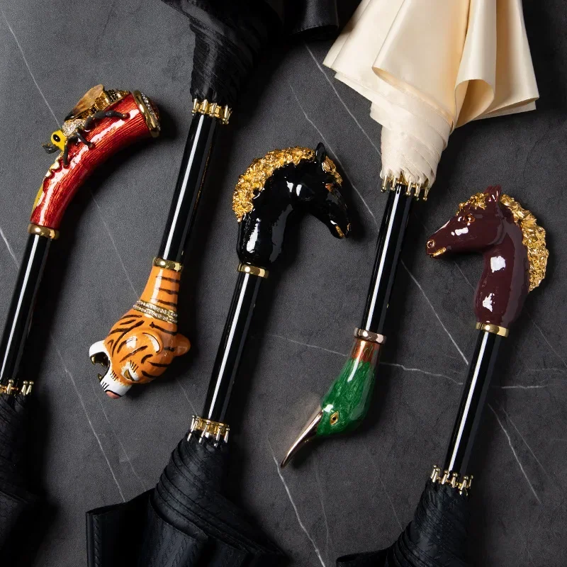 Light luxury metal animal head handle umbrella thickened straight rod business long handle umbrella high-end gift birthday
