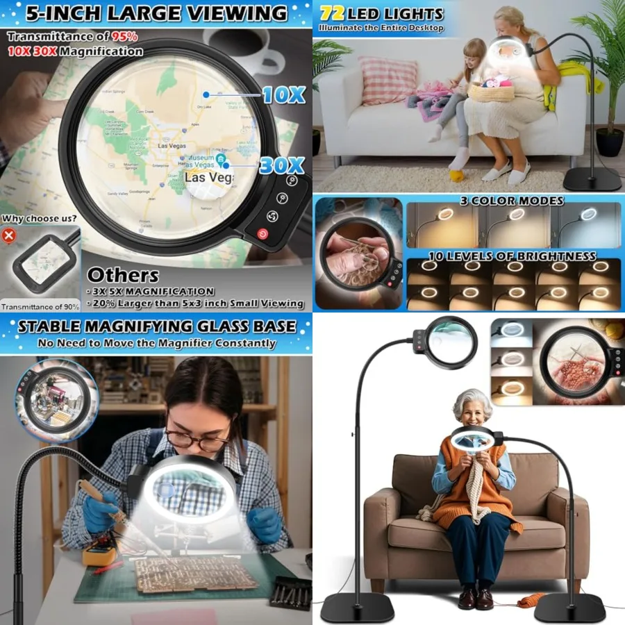 

30X 10X Large Floor Magnifying Glass with Light and Stand, 72 LED Flexible Gooseneck Floor Magnifying Lamp, 2 in 1 Lighted Magn