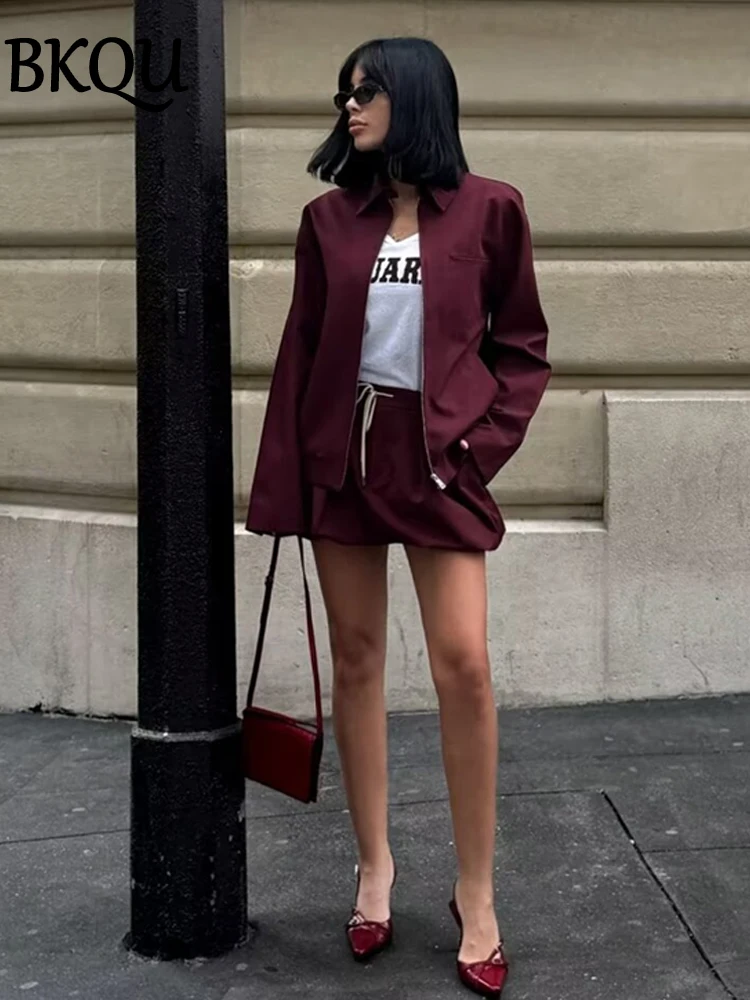 BKQU Fashion Two Piece Sets Women Long Sleeves Zipper Jackets and Tied Lantern Mini Skirt Wine Red Casual Street 2 Piece Outfits