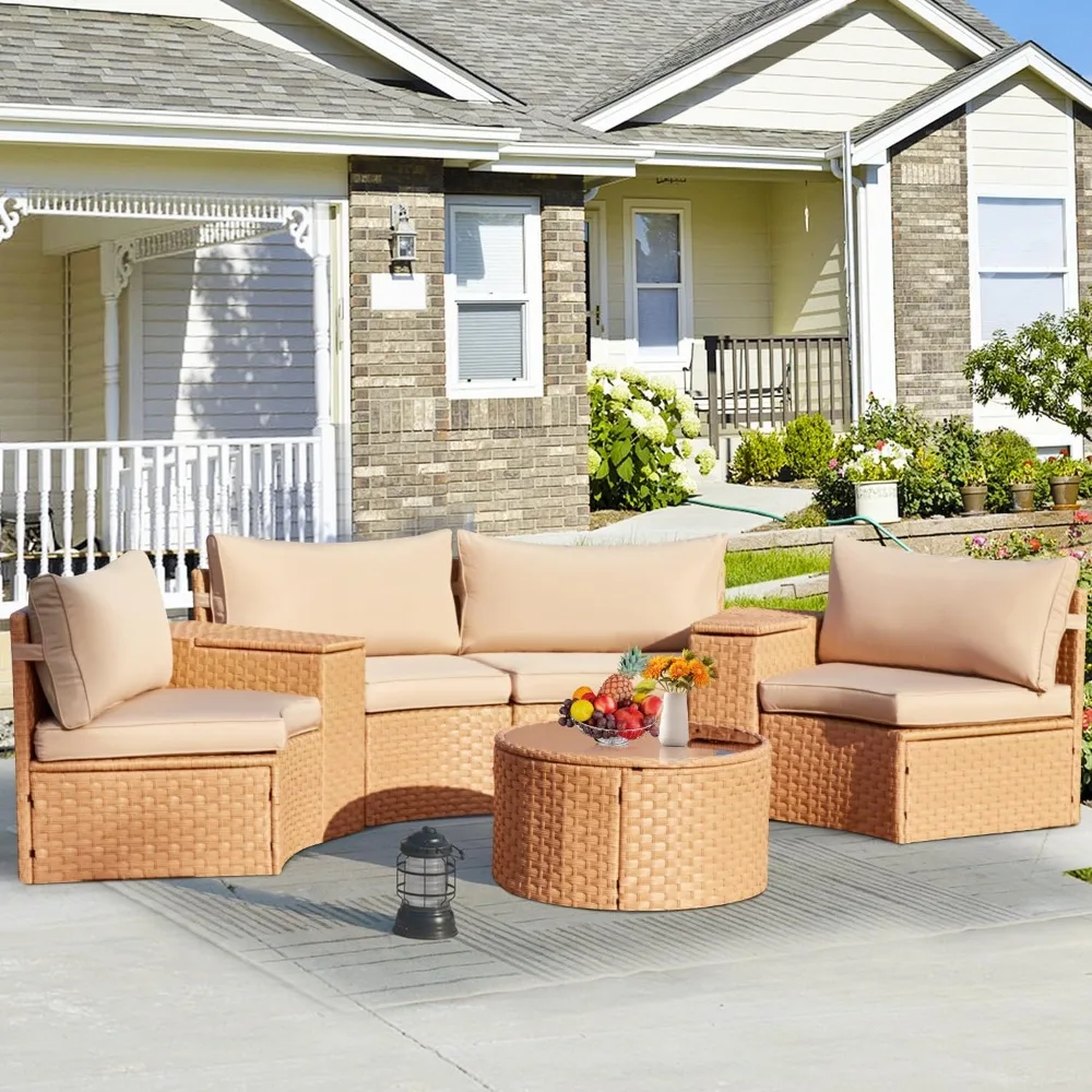 

Sectional Furniture Outdoor,Half-Moon All-Weather Wicker Curved Sofa Set,Rattan Conversation Set with Storage Table,Fit for Pool