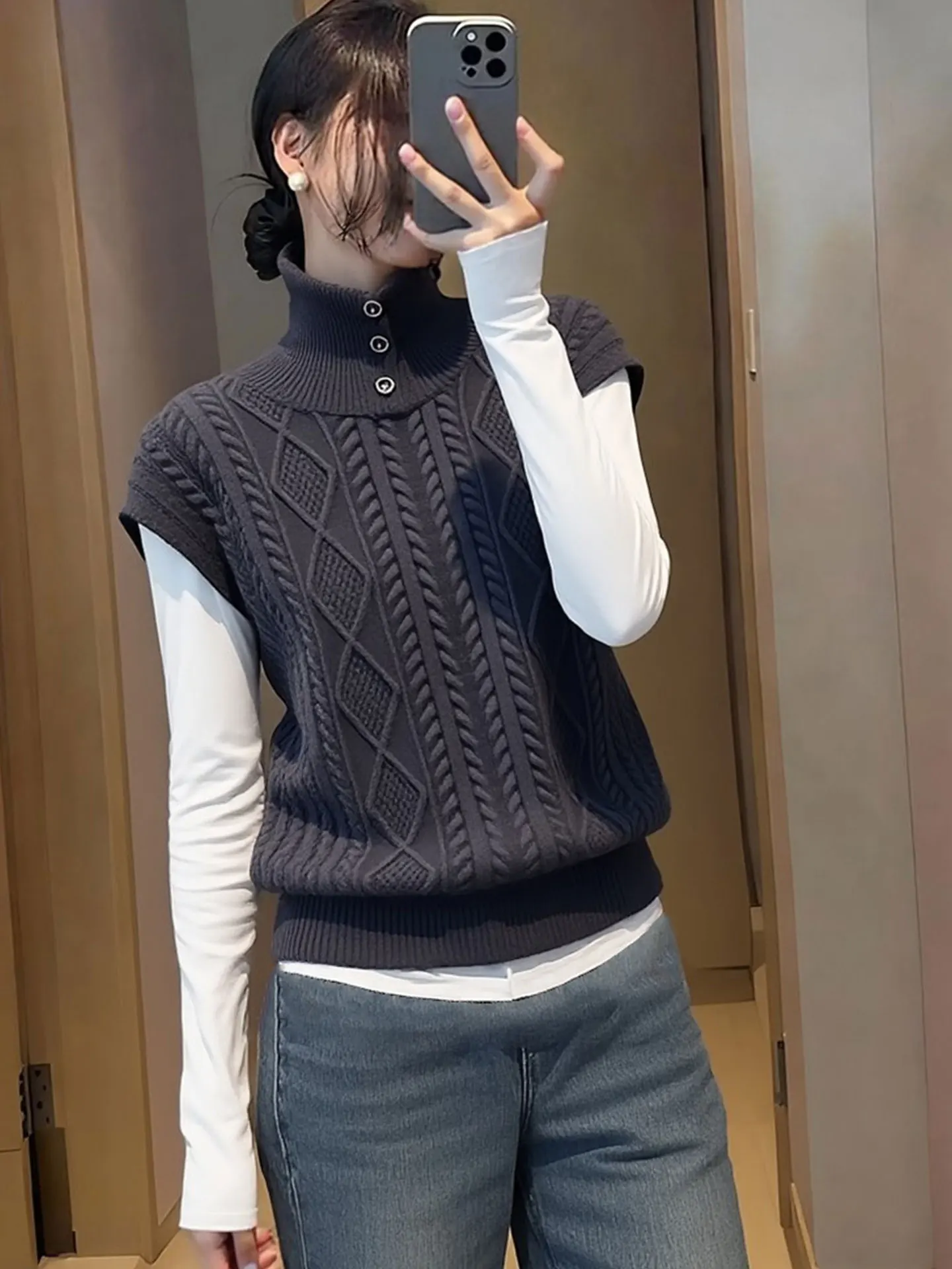 

High-End Pure Color High Ne Knitted Svel Vest Casual Lazy Sle Women's Top Comfortable Mid-Length Regular Fit Spring