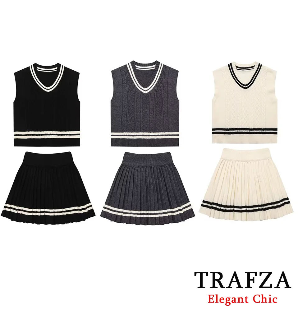 TRAFZA Knit Preppy Skirt Set Women's Striped Sleeveless Top + A-line Skirt Set New 2024 Spring Autumn Energetic Sweet Set