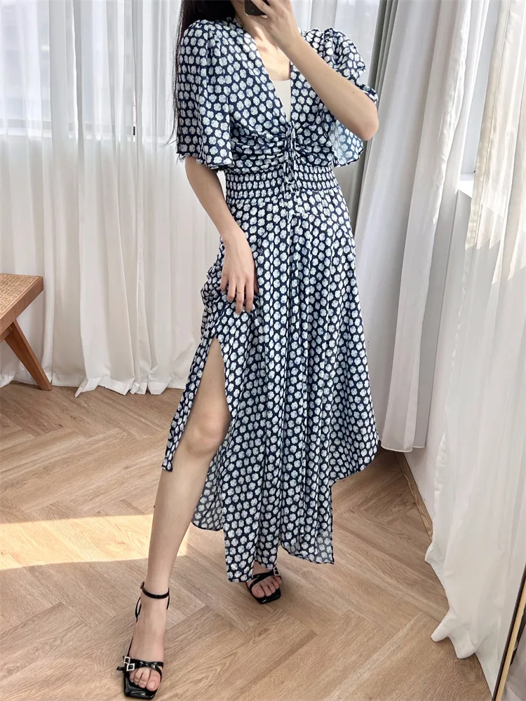 

Geometric Print Women Satin Robe V-Neck Elastic Waist Short Sleeve Vintage Summer 2024 Midi Dress