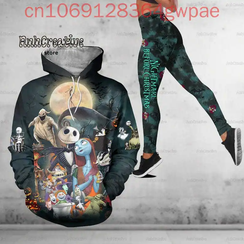 The Nightmare Before Christmas Jack Skellington y Selly Conjunto de mallas con capucha 3d para mujer Sudadera con capucha de Disney Pantalones de yoga Chándal deportivo