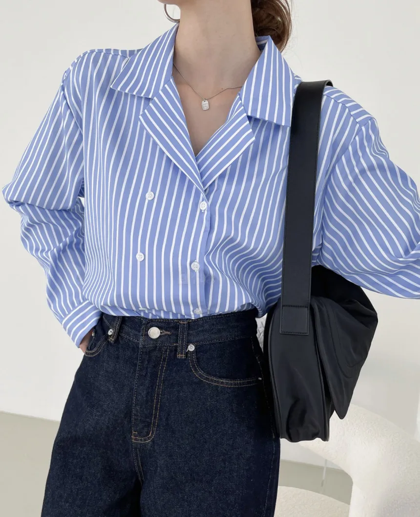 Seoulish-Blusas Vintage a rayas para mujer, camisas coreanas de manga larga con doble botonadura, chaqueta holgada con cuello, Top para mujer